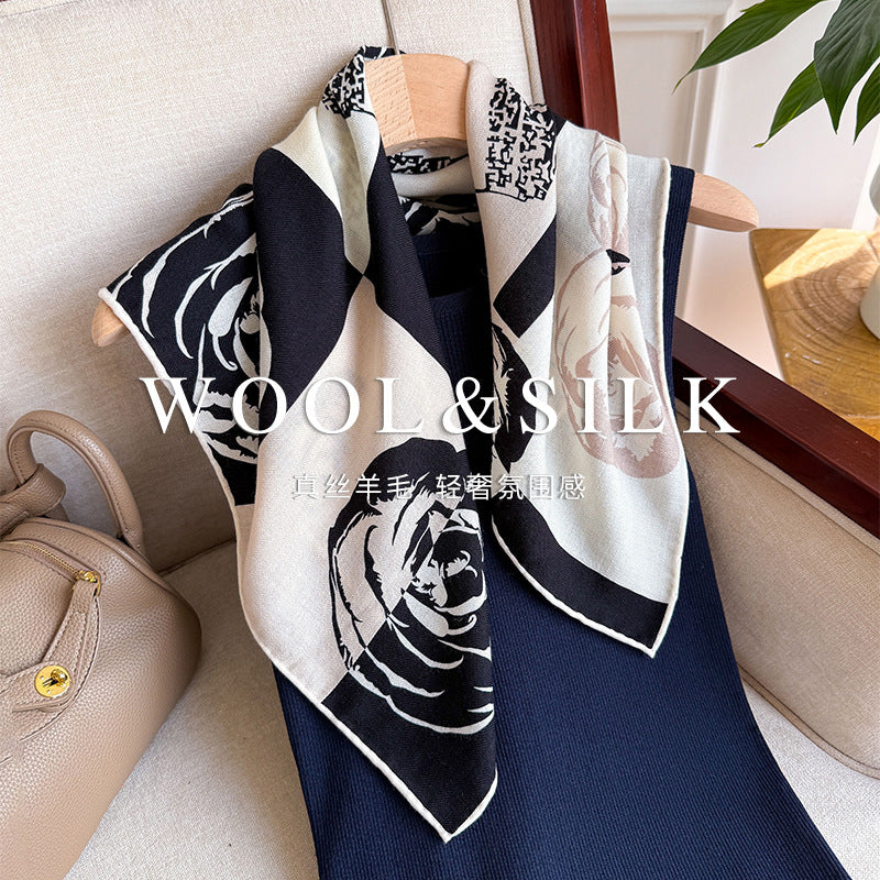 Premium Silk Camellia Scarf Women 65cm Black White French