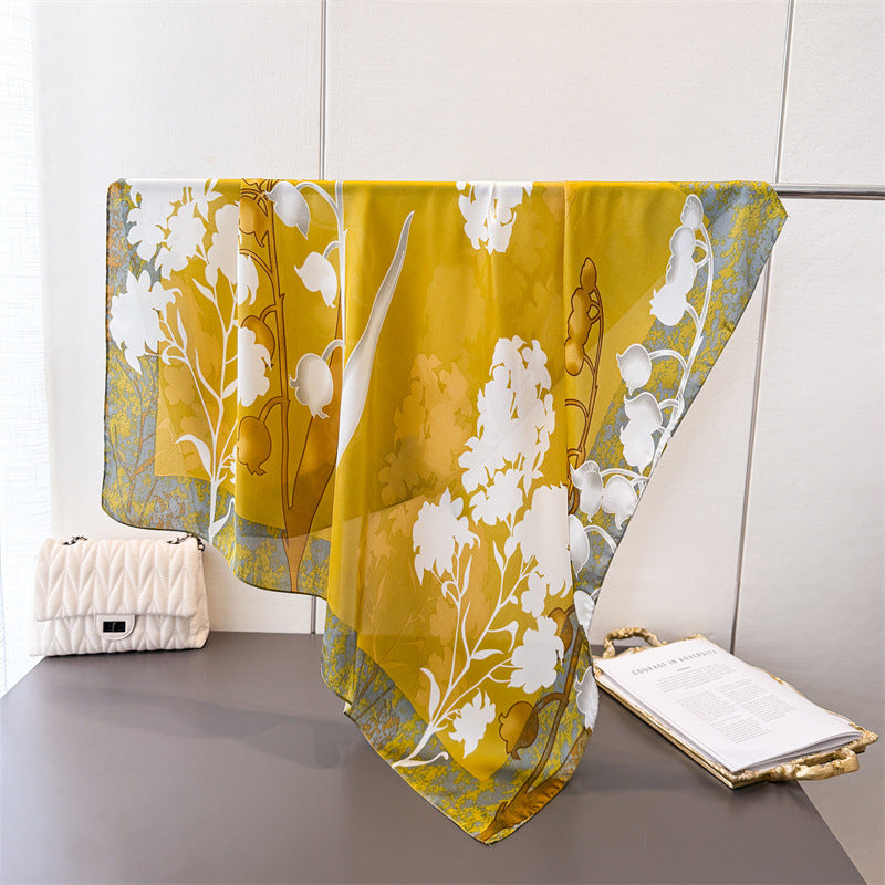 Elegant French-Style 90x90cm Silk-Like Women's Scarf - Bellflower Print Square Shawl