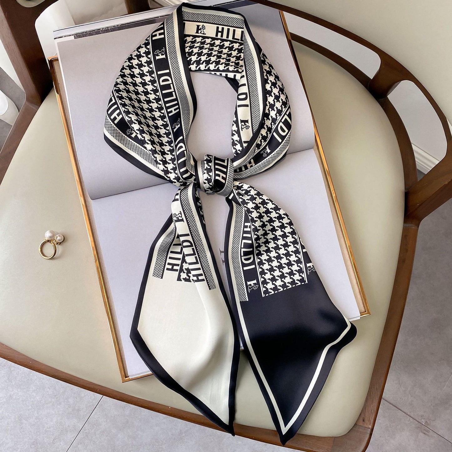 Spring Autumn New Black White Cashew Long Scarf, Silk-like Polyester Scarf, Versatile Commute Scarf, Bag Hair Belt Wrap, 15x150cm