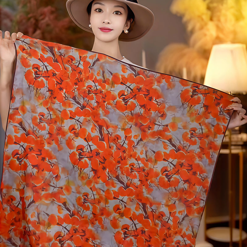 Women's 70cm Vintage Oil Painting Print Xiangyun Sha Hualuo Silk Scarf, Hand Rolled Hem Sun Protection Shawl Square Neck Scarf Head Wrap