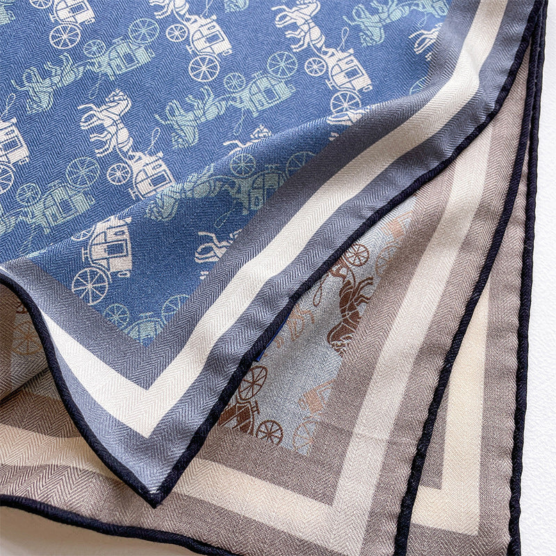 Blue Carriage Print Square Scarf 65x65cm - Affordable Silk-Like Scarf for Women, Machine Washable & Wrinkle-Free