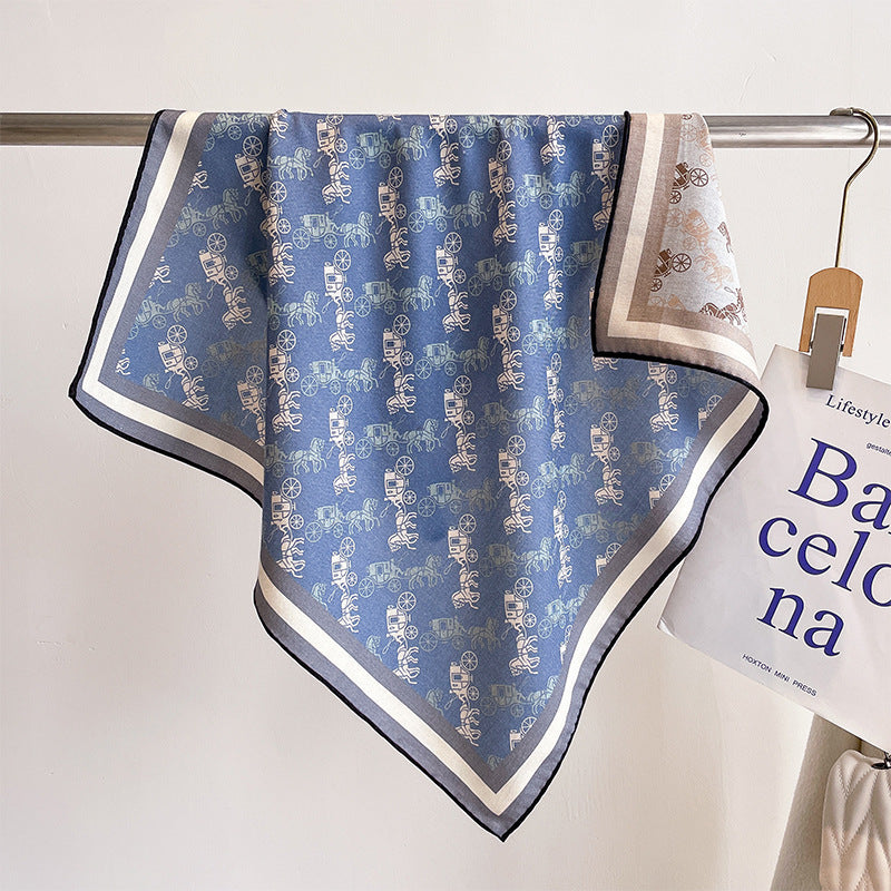 Blue Carriage Print Square Scarf 65x65cm - Affordable Silk-Like Scarf for Women, Machine Washable & Wrinkle-Free