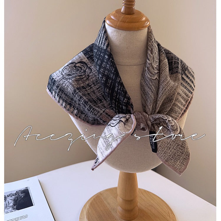 Orange Blue Camellia Print Silk Wool Blend Scarf - Double Sided Winter Scarf for Women 65x65 - Warm Neck Wrap Shawl
