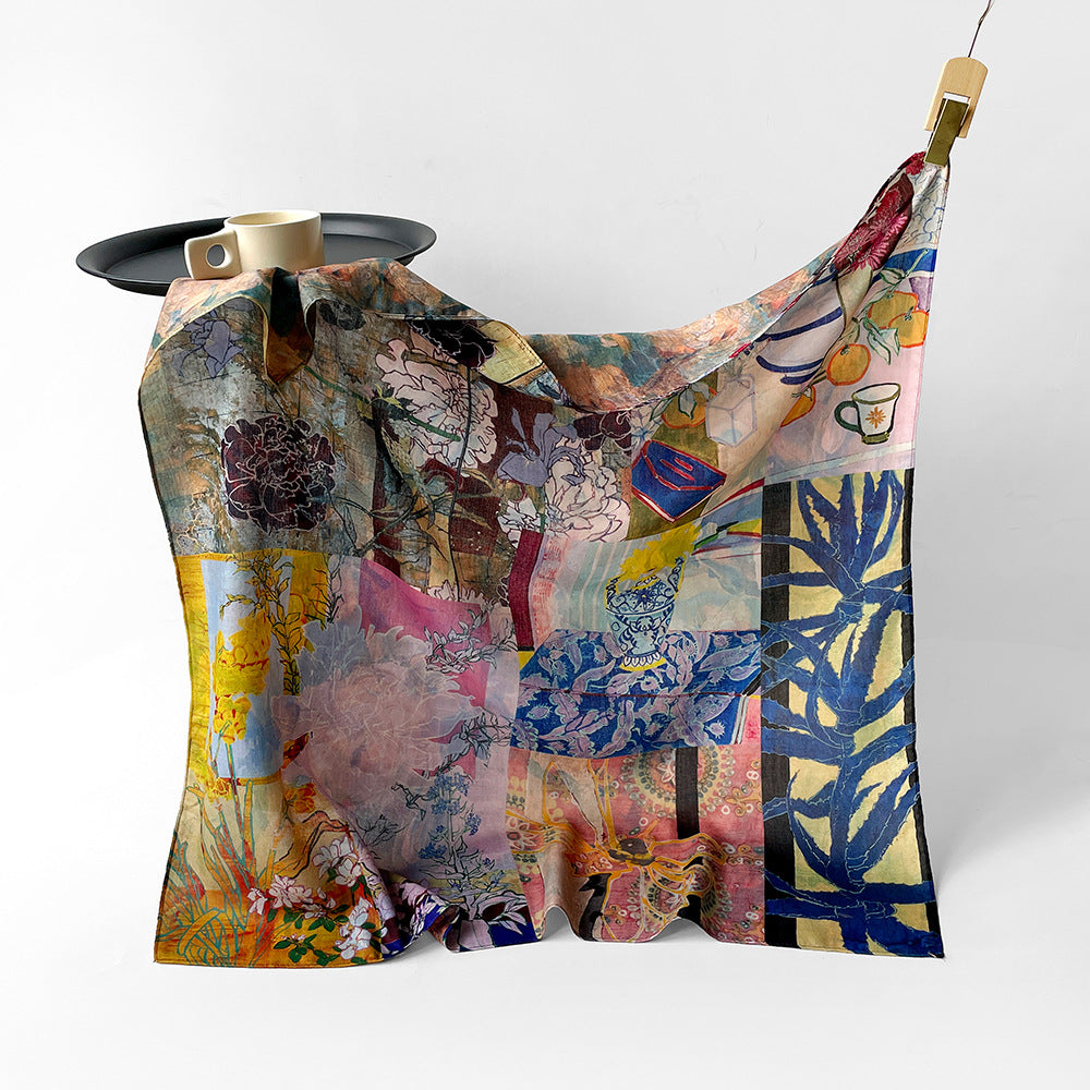 Silk-Like Square Scarf Vintage Oil Painting Print - Business Travel Casual Women Headscarf 90x90cm