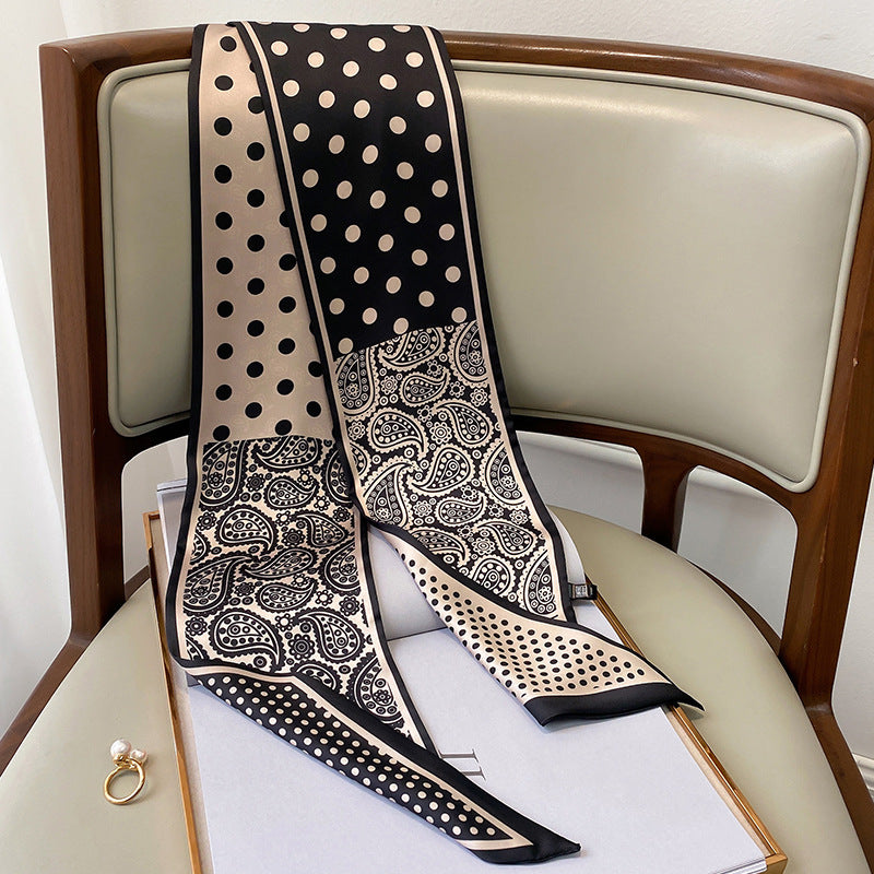 Spring Autumn New Black White Cashew Long Scarf, Silk-like Polyester Scarf, Versatile Commute Scarf, Bag Hair Belt Wrap, 15x150cm