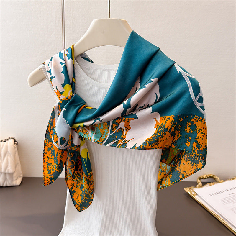 Elegant French-Style 90x90cm Silk-Like Women's Scarf - Bellflower Print Square Shawl