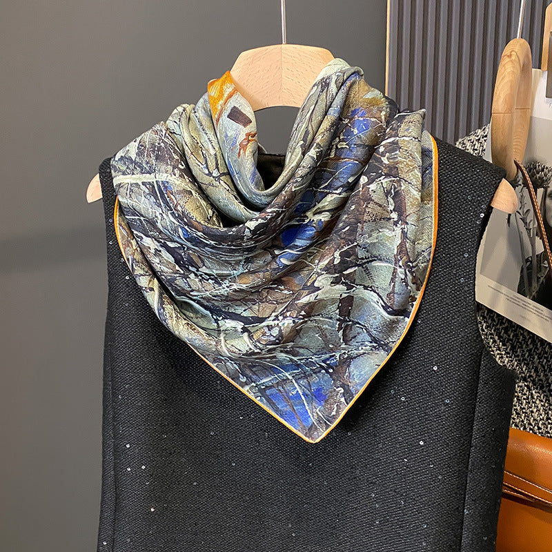 Vintage Autumn Winter Square Scarf 90x90 – Women’s Faux Silk Polyester Shawl Wrap, Travel Sun Protection, Elegant Neck/Head Accessory