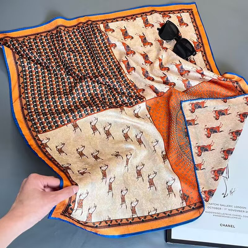 Women's 70cm Vintage Oil Painting Print Xiangyun Sha Hualuo Silk Scarf, Hand Rolled Hem Sun Protection Shawl Square Neck Scarf Head Wrap