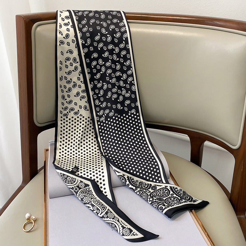Spring Autumn New Black White Cashew Long Scarf, Silk-like Polyester Scarf, Versatile Commute Scarf, Bag Hair Belt Wrap, 15x150cm
