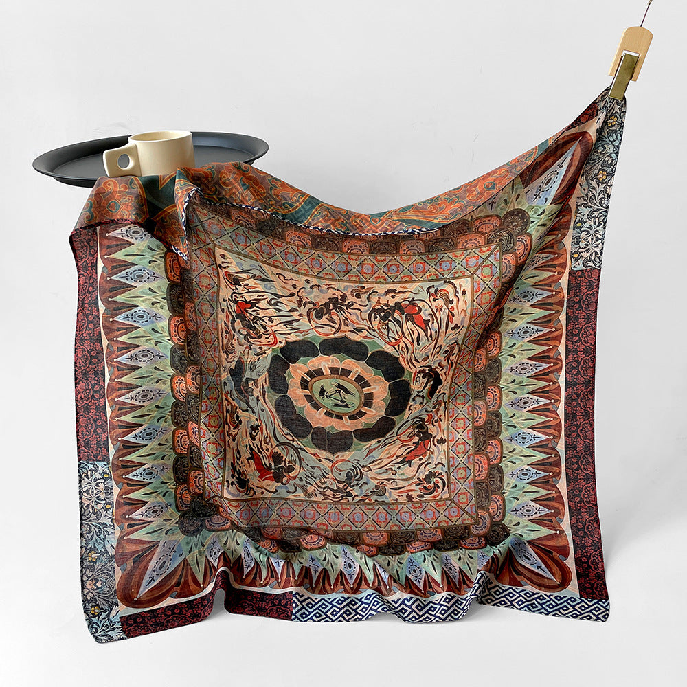 Silk-Like Square Scarf Vintage Oil Painting Print - Business Travel Casual Women Headscarf 90x90cm