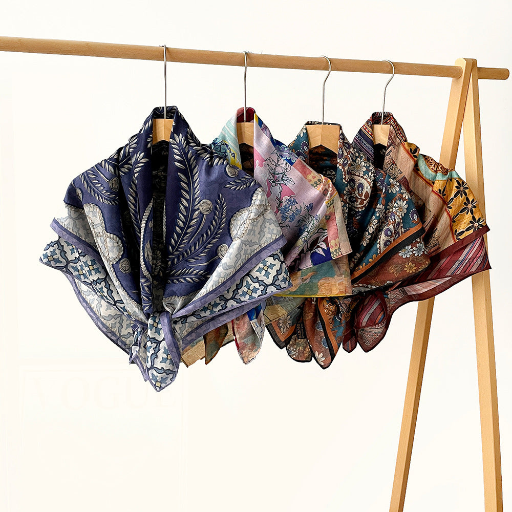Silk-Like Square Scarf Vintage Oil Painting Print - Business Travel Casual Women Headscarf 90x90cm