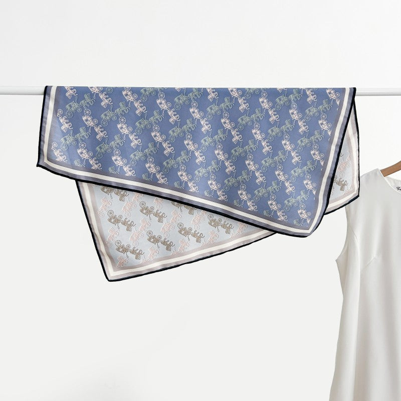 Blue Carriage Print Square Scarf 65x65cm - Affordable Silk-Like Scarf for Women, Machine Washable & Wrinkle-Free