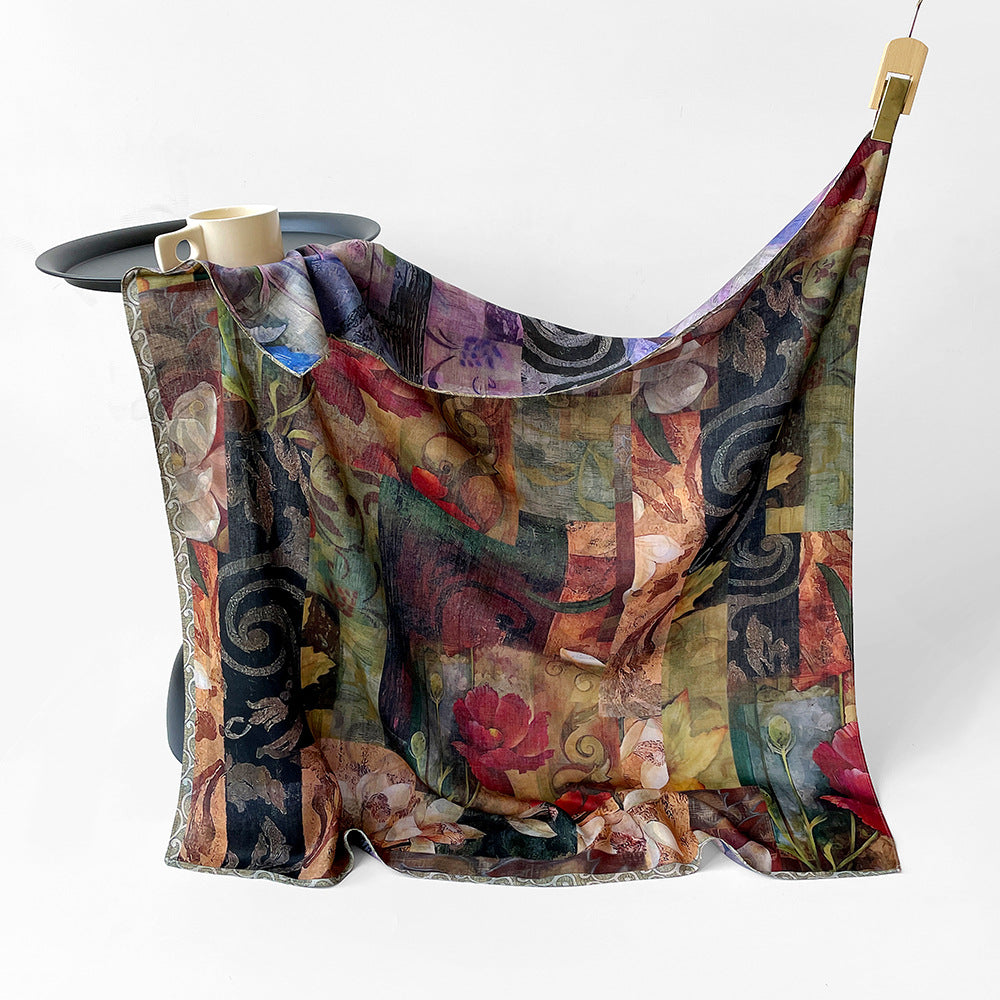 Silk-Like Square Scarf Vintage Oil Painting Print - Business Travel Casual Women Headscarf 90x90cm