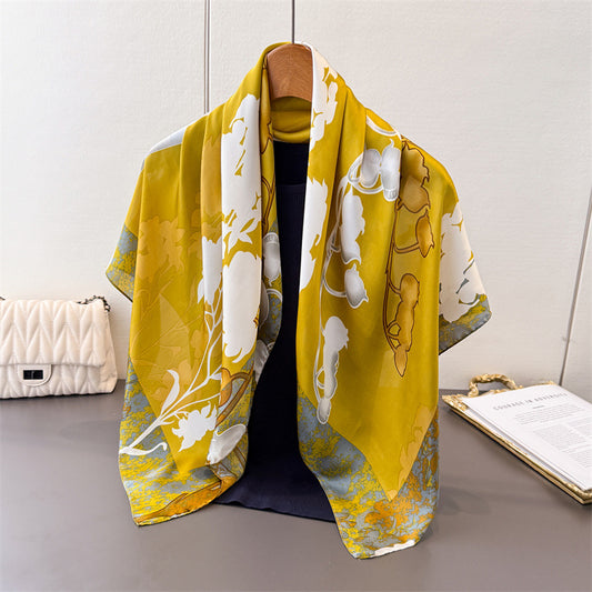 Elegant French-Style 90x90cm Silk-Like Women's Scarf - Bellflower Print Square Shawl