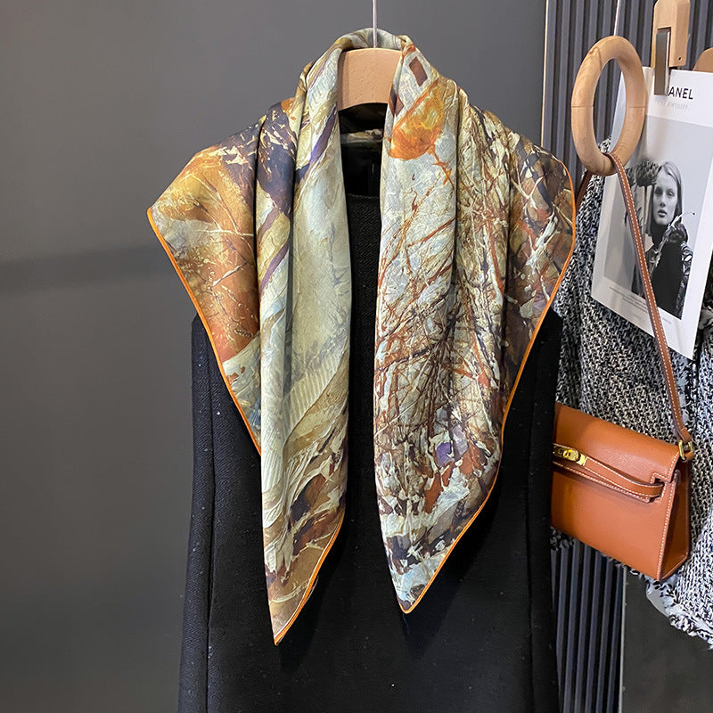 Vintage Autumn Winter Square Scarf 90x90 – Women’s Faux Silk Polyester Shawl Wrap, Travel Sun Protection, Elegant Neck/Head Accessory