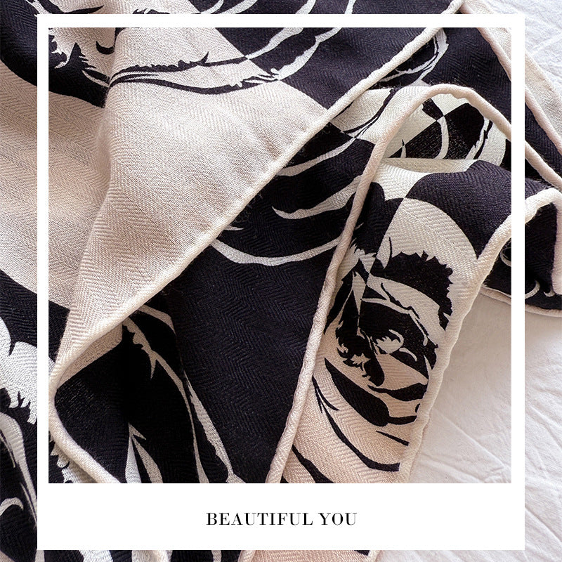 Premium Silk Camellia Scarf Women 65cm Black White French