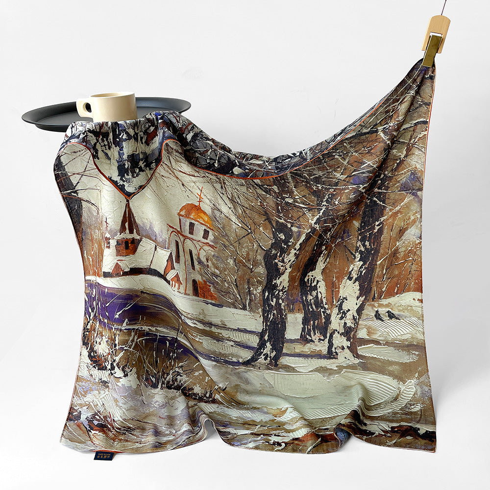 Silk-Like Square Scarf Vintage Oil Painting Print - Business Travel Casual Women Headscarf 90x90cm