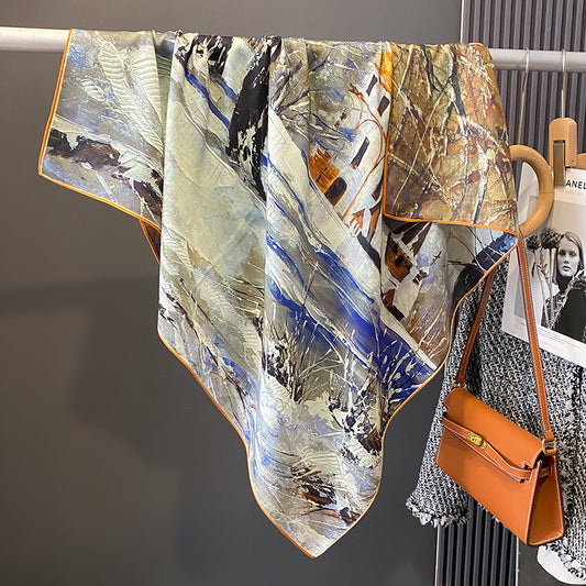 Vintage Autumn Winter Square Scarf 90x90 – Women’s Faux Silk Polyester Shawl Wrap, Travel Sun Protection, Elegant Neck/Head Accessory