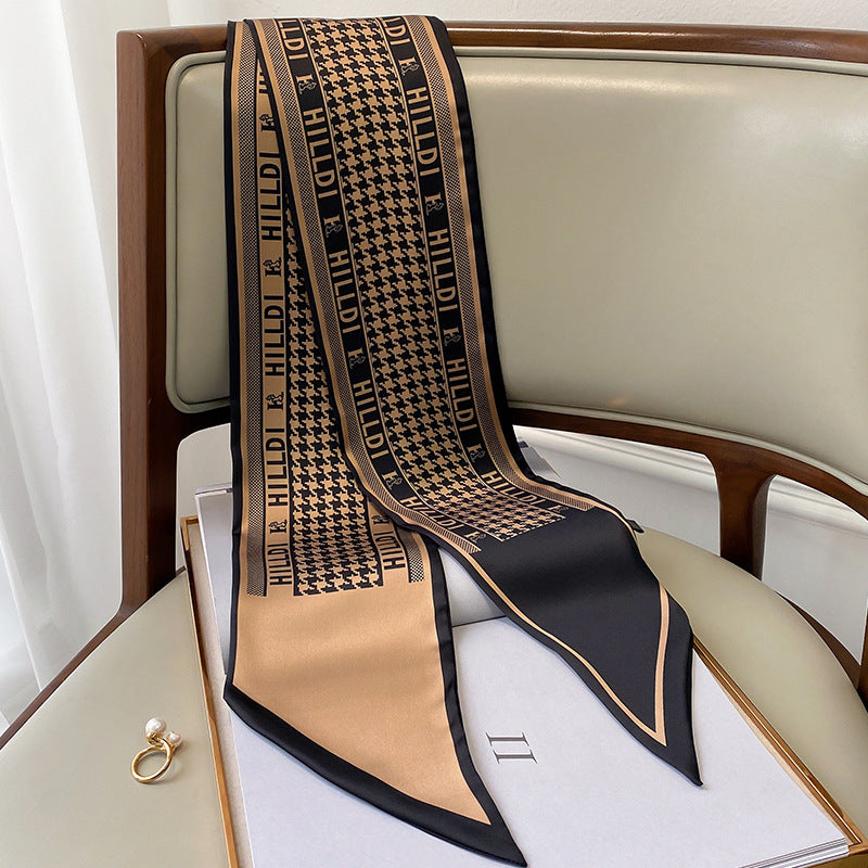 Spring Autumn New Black White Cashew Long Scarf, Silk-like Polyester Scarf, Versatile Commute Scarf, Bag Hair Belt Wrap, 15x150cm