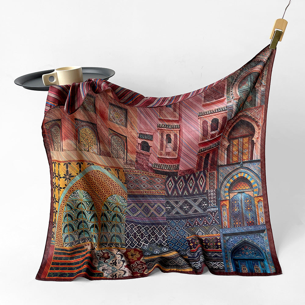 Silk-Like Square Scarf Vintage Oil Painting Print - Business Travel Casual Women Headscarf 90x90cm