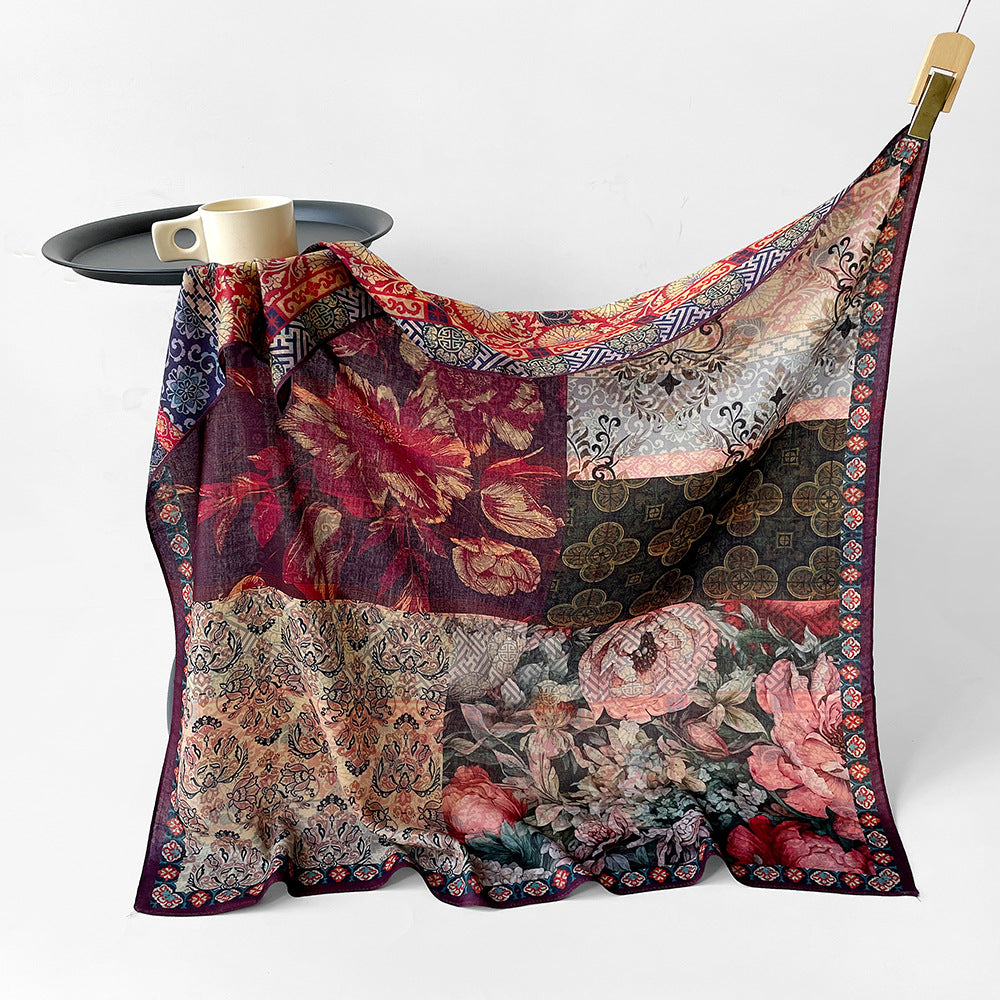 Silk-Like Square Scarf Vintage Oil Painting Print - Business Travel Casual Women Headscarf 90x90cm