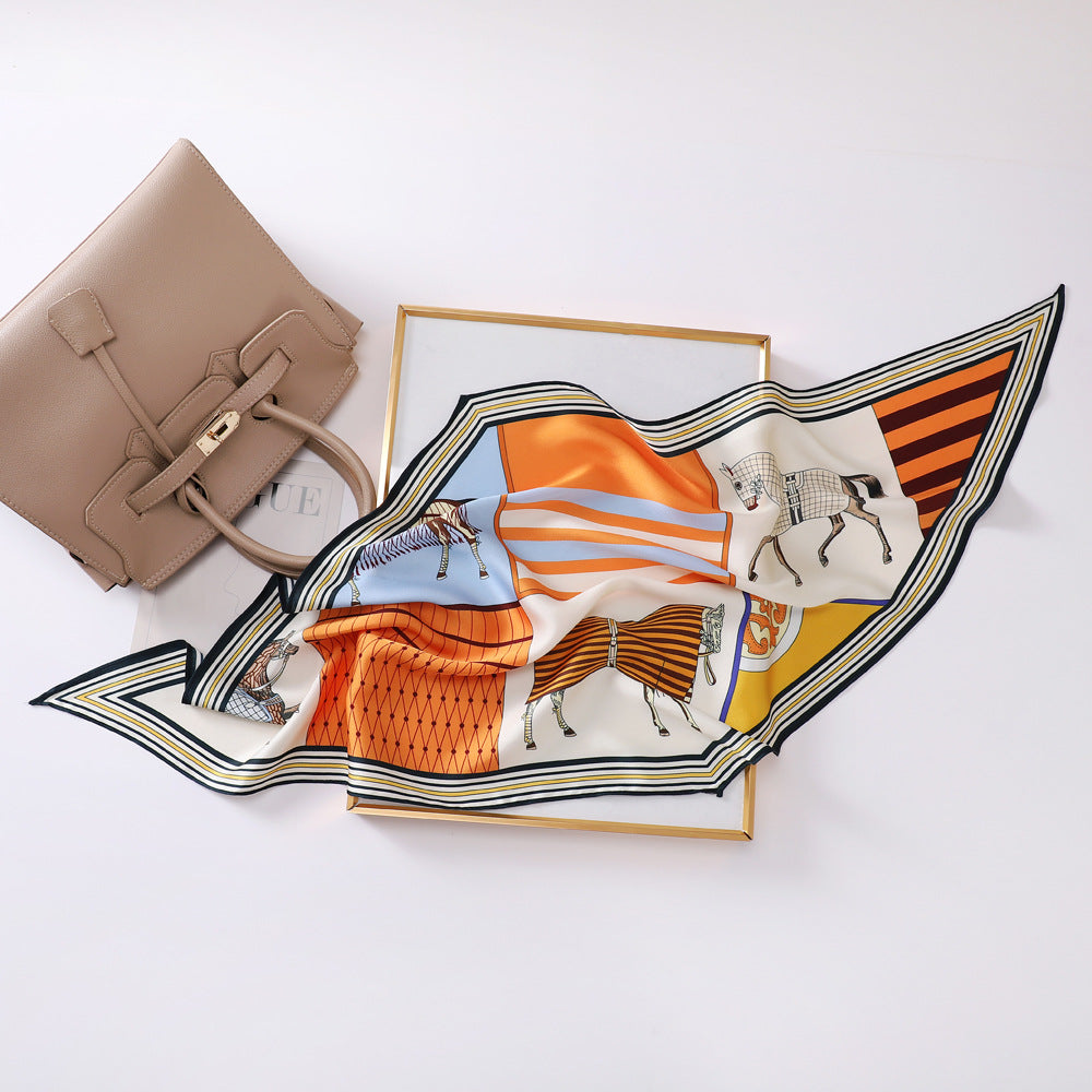 New French retro horse print 120 * 45 small rhombus silk scarf women's fashion trend headscarf bag scarf
