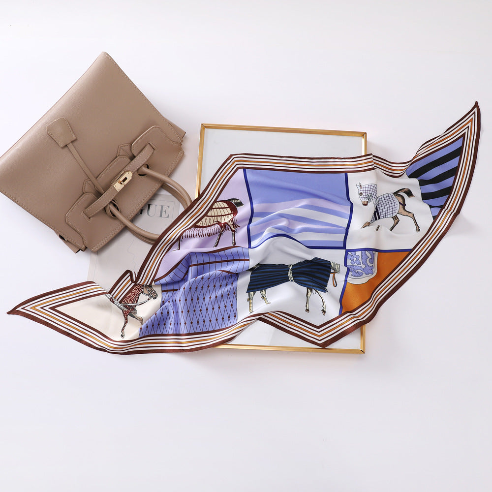 New French retro horse print 120 * 45 small rhombus silk scarf women's fashion trend headscarf bag scarf