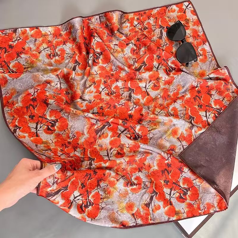 Women's 70cm Vintage Oil Painting Print Xiangyun Sha Hualuo Silk Scarf, Hand Rolled Hem Sun Protection Shawl Square Neck Scarf Head Wrap