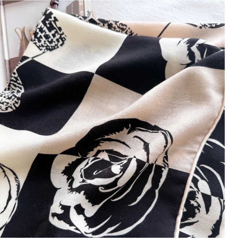 Premium Silk Camellia Scarf Women 65cm Black White French