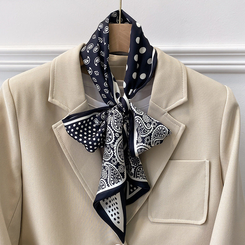 Spring Autumn New Black White Cashew Long Scarf, Silk-like Polyester Scarf, Versatile Commute Scarf, Bag Hair Belt Wrap, 15x150cm