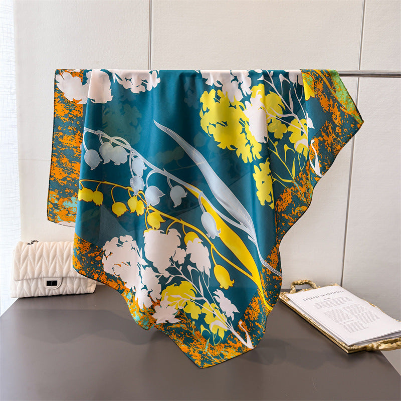 Elegant French-Style 90x90cm Silk-Like Women's Scarf - Bellflower Print Square Shawl