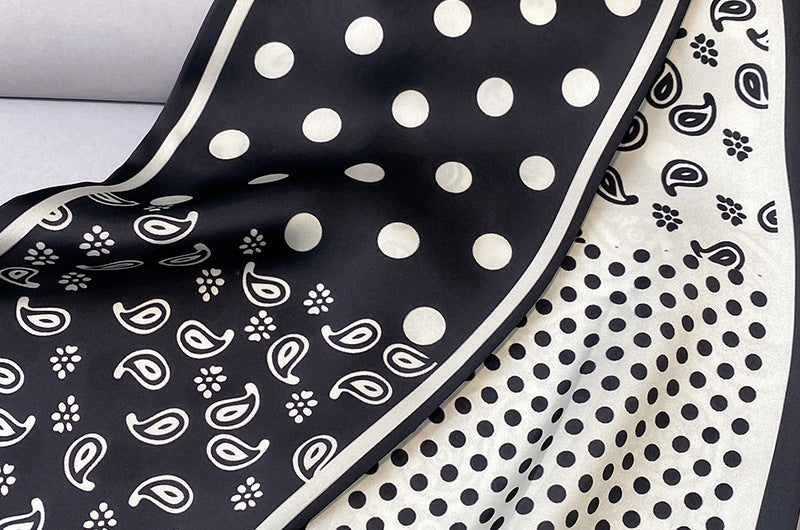 Spring Autumn New Black White Cashew Long Scarf, Silk-like Polyester Scarf, Versatile Commute Scarf, Bag Hair Belt Wrap, 15x150cm