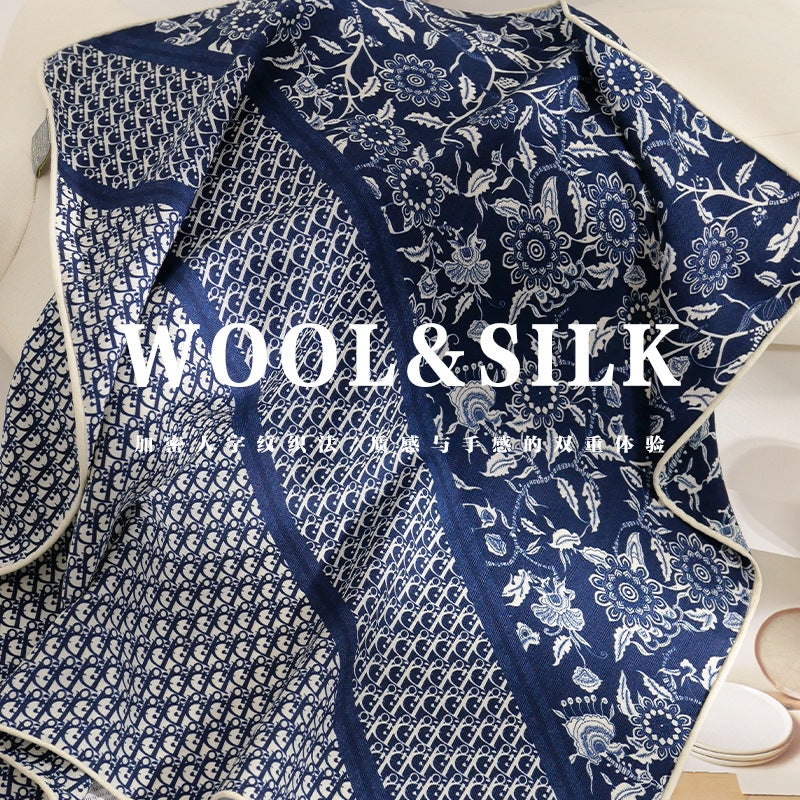 Silk Wool Double-Sided Printed Letter Floral Cluster 65cm Square Scarf Hand-Rolled Hem Shawl Wrap