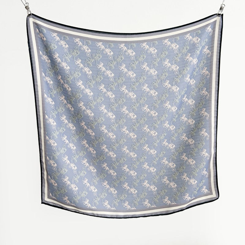 Blue Carriage Print Square Scarf 65x65cm - Affordable Silk-Like Scarf for Women, Machine Washable & Wrinkle-Free