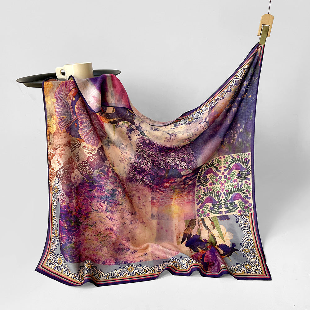Silk-Like Square Scarf Vintage Oil Painting Print - Business Travel Casual Women Headscarf 90x90cm