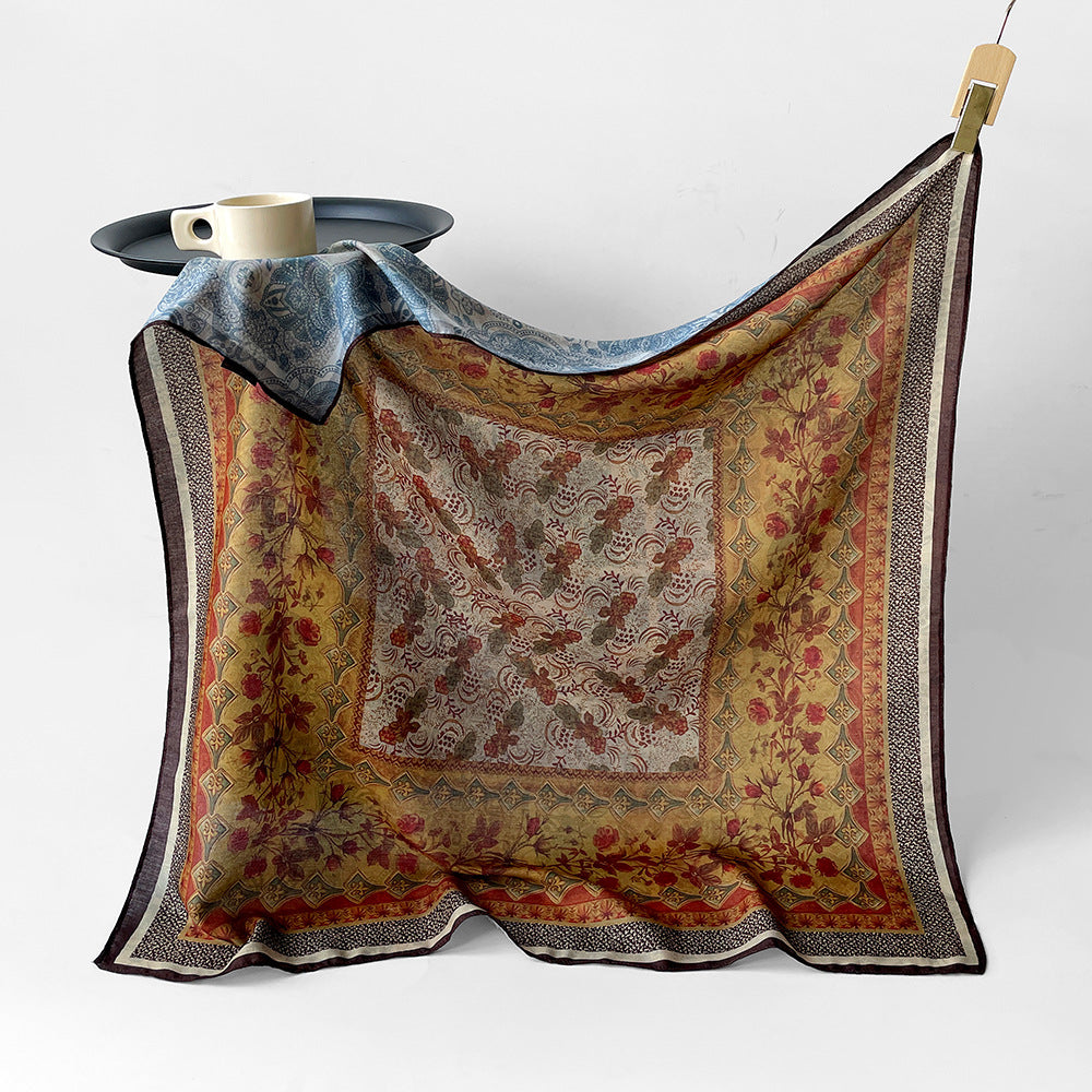 Silk-Like Square Scarf Vintage Oil Painting Print - Business Travel Casual Women Headscarf 90x90cm