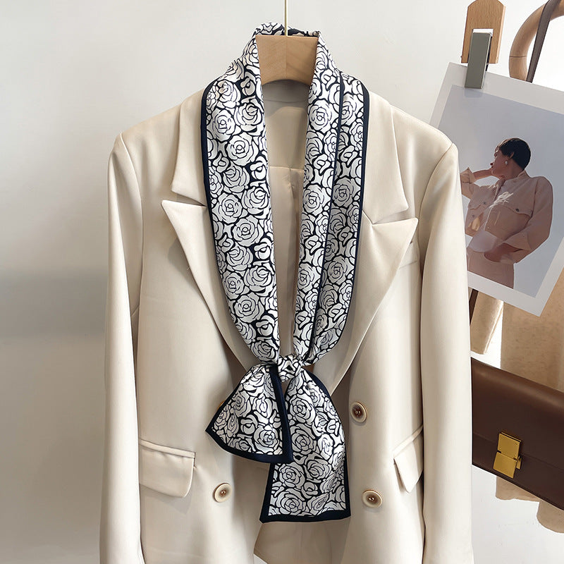 Long Silk Scarf - Elegant Narrow Scarf for Women, Fashion Print Neck Scarf, Autumn Winter New Style, Summer Shirt Accessory