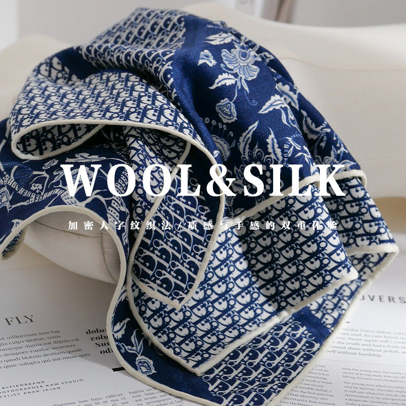 Silk Wool Double-Sided Printed Letter Floral Cluster 65cm Square Scarf Hand-Rolled Hem Shawl Wrap