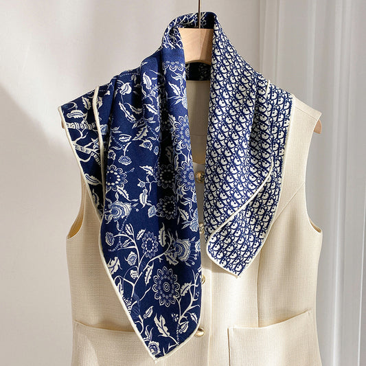 Silk Wool Double-Sided Printed Letter Floral Cluster 65cm Square Scarf Hand-Rolled Hem Shawl Wrap