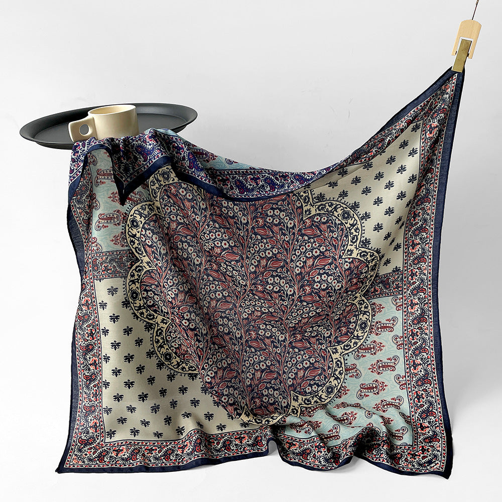 Silk-Like Square Scarf Vintage Oil Painting Print - Business Travel Casual Women Headscarf 90x90cm