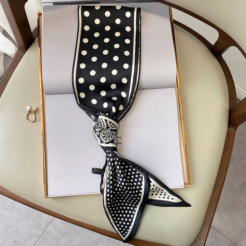 Spring Autumn New Black White Cashew Long Scarf, Silk-like Polyester Scarf, Versatile Commute Scarf, Bag Hair Belt Wrap, 15x150cm