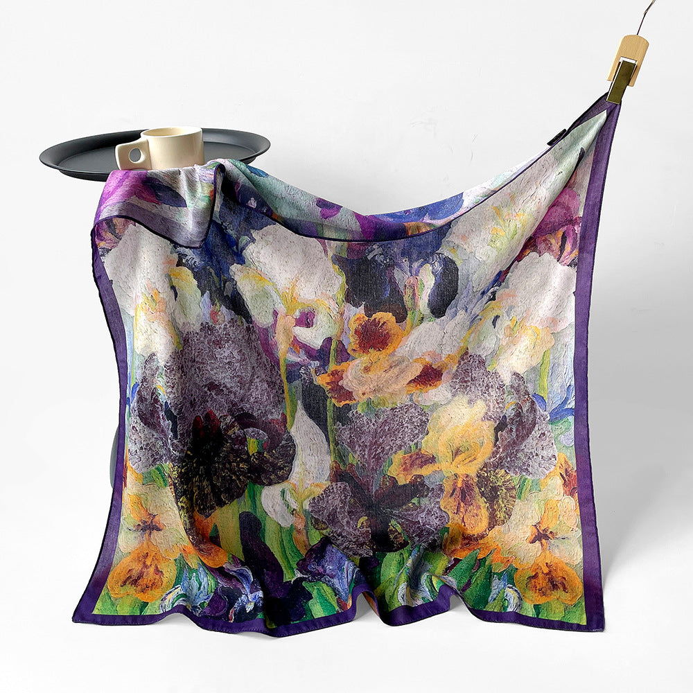 Silk-Like Square Scarf Vintage Oil Painting Print - Business Travel Casual Women Headscarf 90x90cm