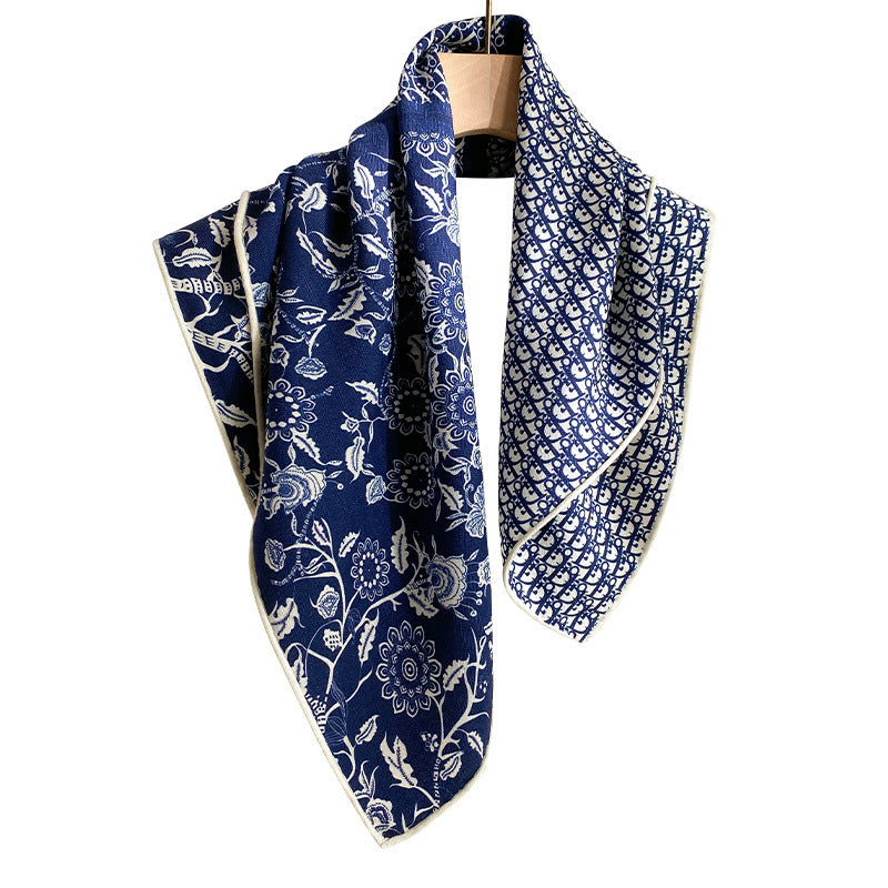 Silk Wool Double-Sided Printed Letter Floral Cluster 65cm Square Scarf Hand-Rolled Hem Shawl Wrap
