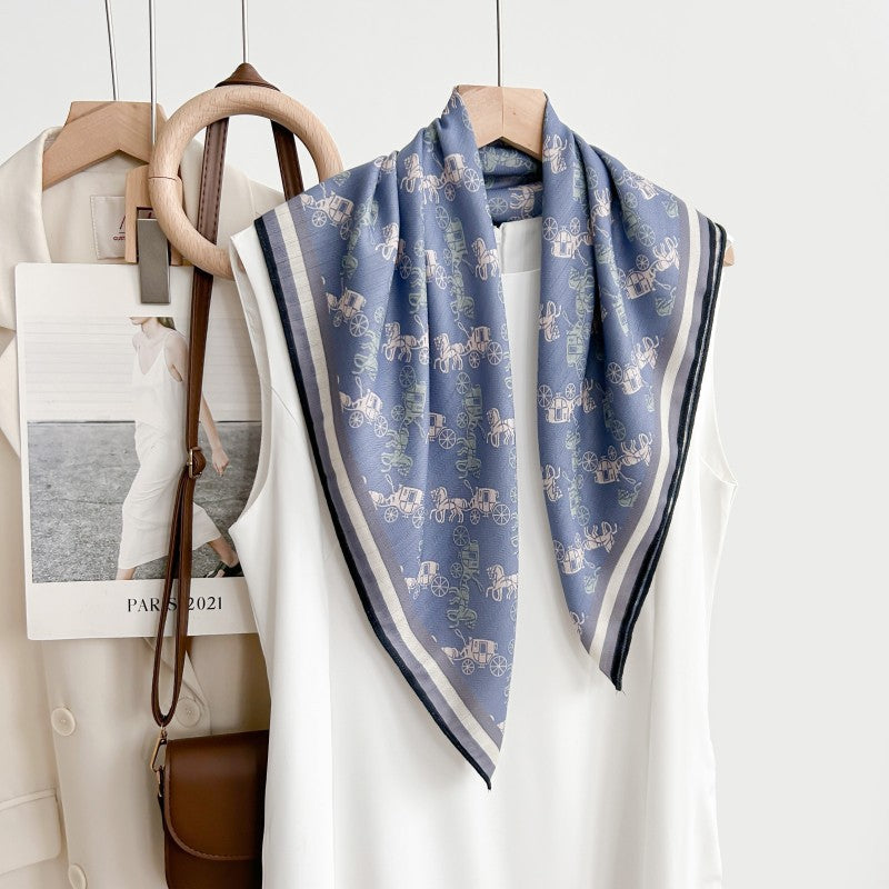 Blue Carriage Print Square Scarf 65x65cm - Affordable Silk-Like Scarf for Women, Machine Washable & Wrinkle-Free