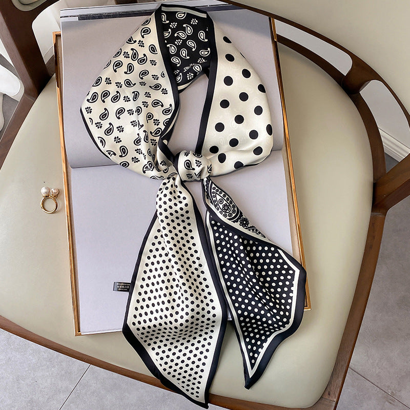 Spring Autumn New Black White Cashew Long Scarf, Silk-like Polyester Scarf, Versatile Commute Scarf, Bag Hair Belt Wrap, 15x150cm