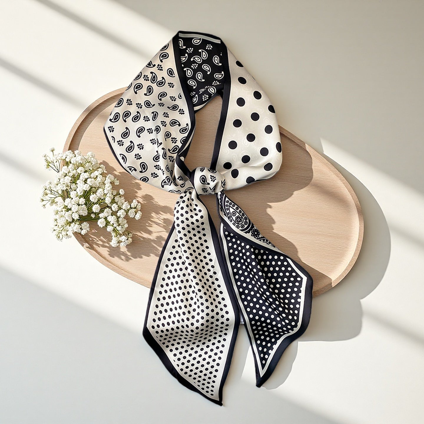 Spring Autumn New Black White Cashew Long Scarf, Silk-like Polyester Scarf, Versatile Commute Scarf, Bag Hair Belt Wrap, 15x150cm