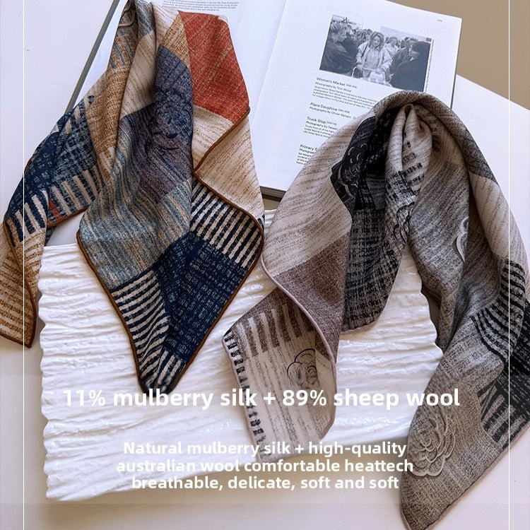 Orange Blue Camellia Print Silk Wool Blend Scarf - Double Sided Winter Scarf for Women 65x65 - Warm Neck Wrap Shawl