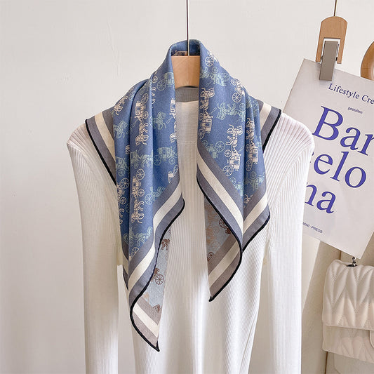 Blue Carriage Print Square Scarf 65x65cm - Affordable Silk-Like Scarf for Women, Machine Washable & Wrinkle-Free