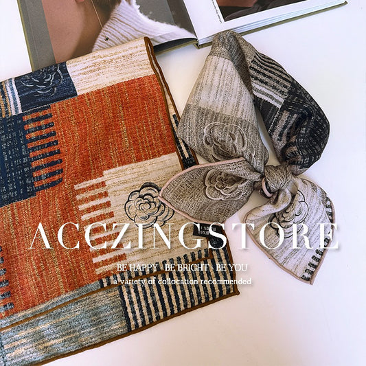 Orange Blue Camellia Print Silk Wool Blend Scarf - Double Sided Winter Scarf for Women 65x65 - Warm Neck Wrap Shawl