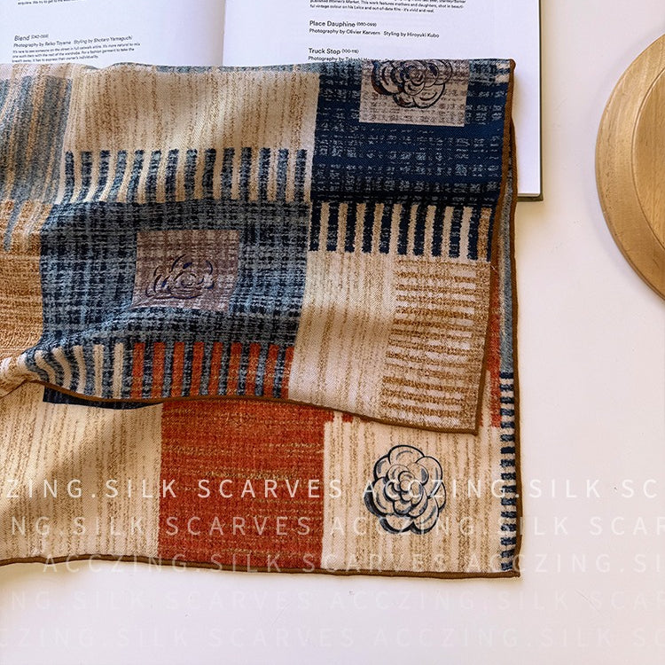 Orange Blue Camellia Print Silk Wool Blend Scarf - Double Sided Winter Scarf for Women 65x65 - Warm Neck Wrap Shawl